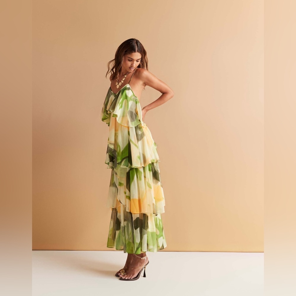 ASOS Layered Floral Maxi Dress in Green and Yellow